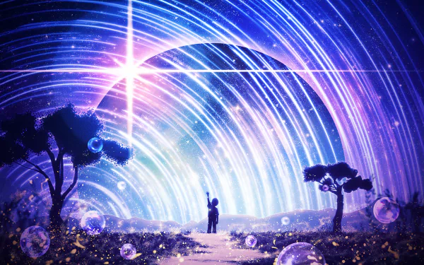 HD PC desktop wallpaper featuring a purple and blue anime-inspired scene with glowing stars, glitter, bubbles, and silhouetted trees under a swirling cosmic sky.