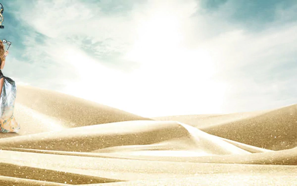 A vibrant HD wallpaper featuring a character from Sex and the City amidst shimmering sand dunes under a bright sky, capturing a moment of glamour and adventure.