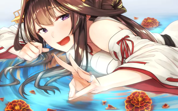 A smiling girl with purple eyes and long brown hair poses playfully in water adorned with flowers, featuring elements from the anime 'Kantai Collection.'