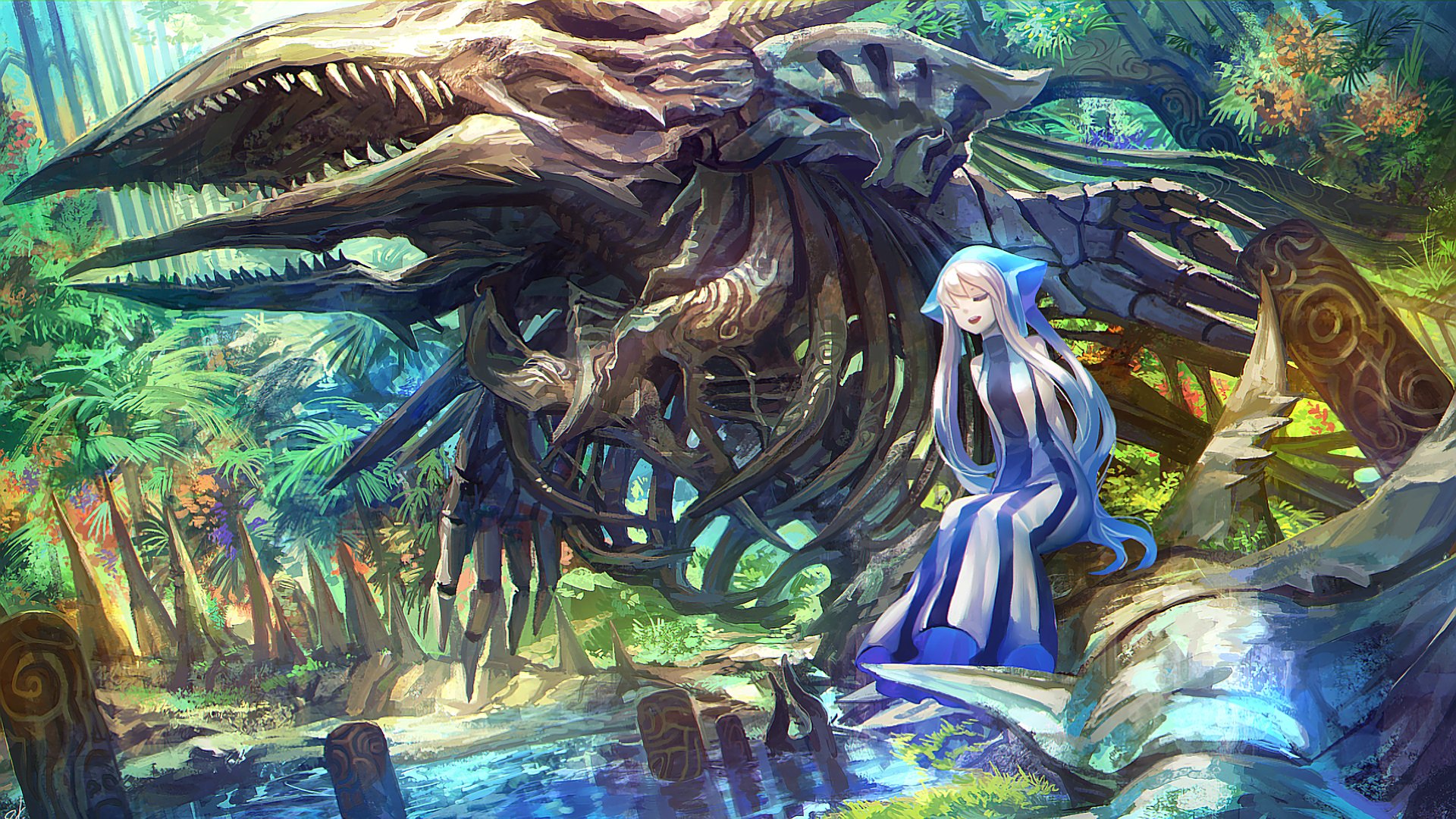 HD anime original desktop wallpaper featuring a serene scene with a blue-haired character sitting beside a large skeletal dragon in a vibrant forest setting.