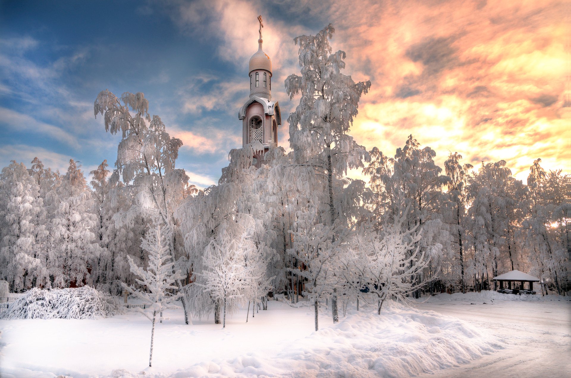 Download Tree Winter Snow Russia Religious Church HD Wallpaper