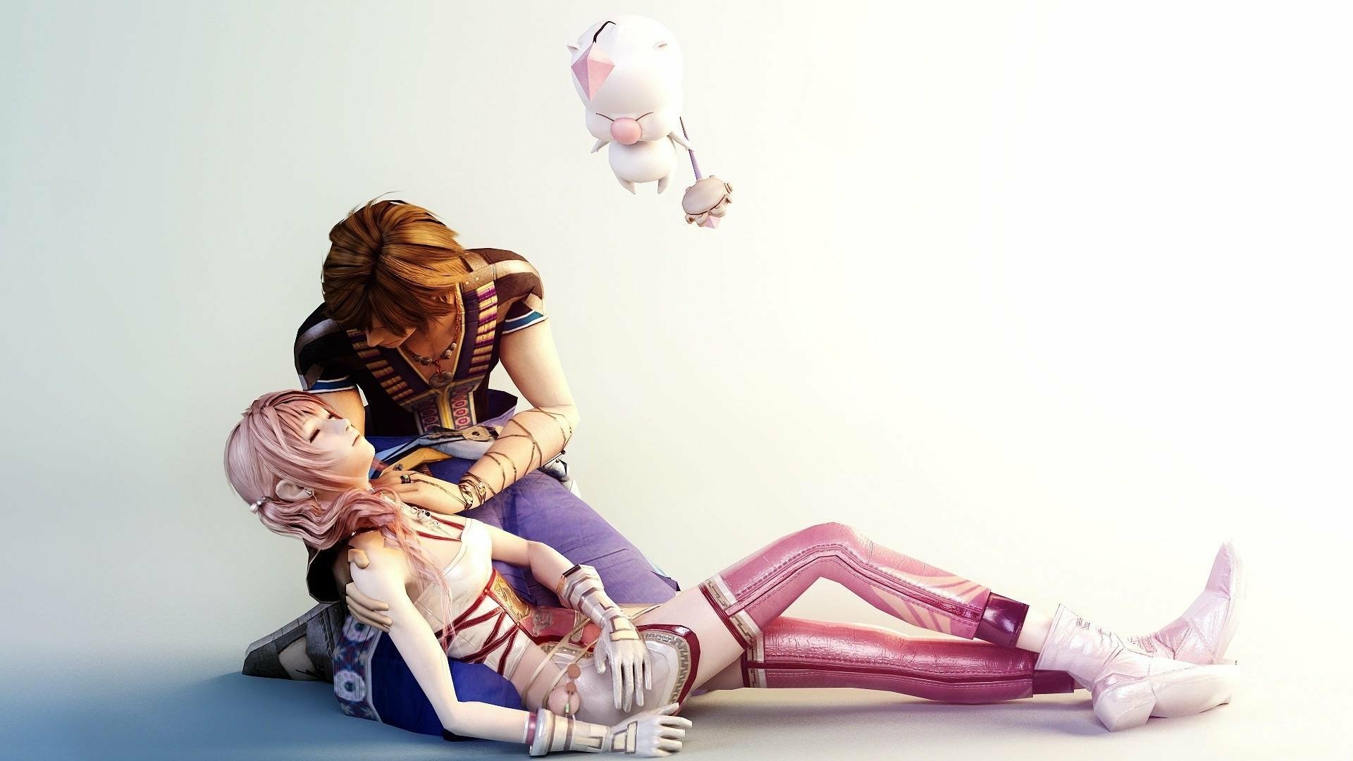 HD PC desktop wallpaper featuring characters from the video game Final Fantasy XIII, showing a protective embrace with floating moogles in a bright, minimalist background.