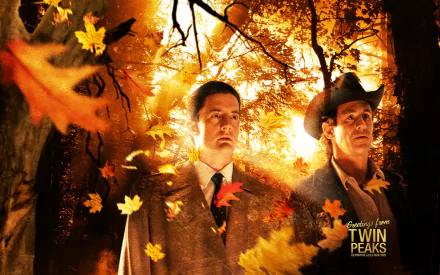 Twin Peaks TV show HD PC desktop wallpaper and background: two suited men in a sunlit autumn forest with falling golden leaves, moody atmospheric lighting.