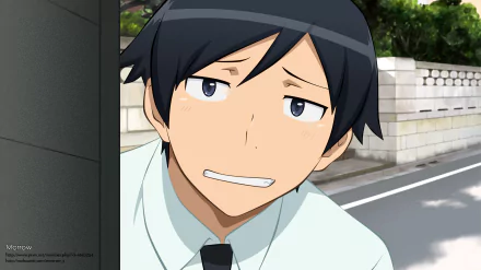 HD PC desktop wallpaper of Kyōsuke Kōsaka from Oreimo — anime close-up of him with an awkward grin against a sunlit suburban street background.