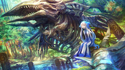HD anime original desktop wallpaper featuring a serene scene with a blue-haired character sitting beside a large skeletal dragon in a vibrant forest setting.