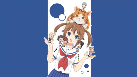 HD wallpaper featuring characters from High School Fleet, including Shima Tateishi and Rin Shiretoko, set against a vibrant blue background with playful elements.