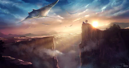 Sci-Fi landscape featuring alien creatures flying over misty, sunlit cliffs, created as an HD desktop wallpaper and background.