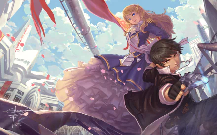 HD anime-style original desktop wallpaper featuring two dynamic characters in vibrant, action-packed poses against a detailed sci-fi cityscape background.