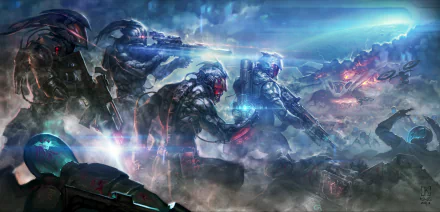 A dynamic sci-fi scene featuring armored soldiers and warriors in battle, wielding advanced weapons against a dramatic backdrop. Vibrant colors enhance the action-packed atmosphere.