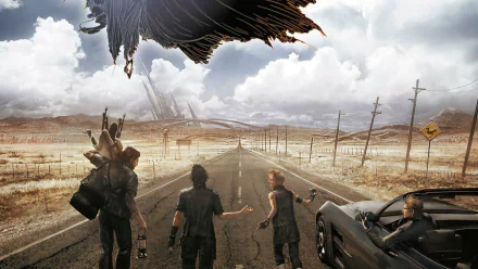A striking HD desktop wallpaper from Final Fantasy XV, featuring four characters on a long, desolate road under a dramatic sky, with a futuristic structure looming above them.