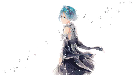 HD desktop wallpaper featuring Rem from Re:Zero - Starting Life in Another World with blue hair, blue eyes, and a headdress and bow. She is shown with short hair and a gentle expression.
