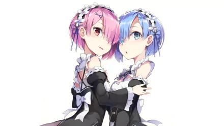HD desktop wallpaper featuring anime twins Rem and Ram from Re:Zero - Starting Life in Another World, with Ram having pink hair and eyes, and Rem having blue hair and eyes, in maid outfits.