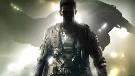 A dramatic 4K Ultra HD wallpaper featuring a silhouetted character from Call of Duty: Infinite Warfare, set against a backdrop of dynamic lighting and a spaceship.