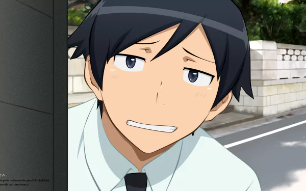 HD PC desktop wallpaper of Kyōsuke Kōsaka from Oreimo — anime close-up of him with an awkward grin against a sunlit suburban street background.