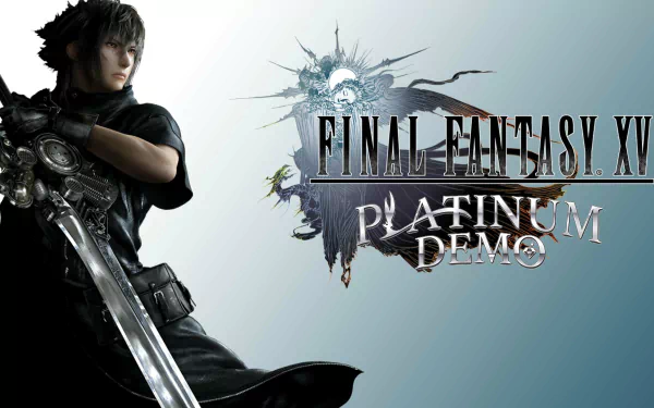 An HD wallpaper featuring a character from Final Fantasy XV alongside the Platinum Demo logo, set against a sleek, stylized background.