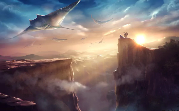 Sci-Fi landscape featuring alien creatures flying over misty, sunlit cliffs, created as an HD desktop wallpaper and background.