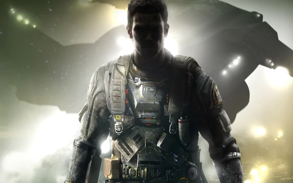 A dramatic 4K Ultra HD wallpaper featuring a silhouetted character from Call of Duty: Infinite Warfare, set against a backdrop of dynamic lighting and a spaceship.