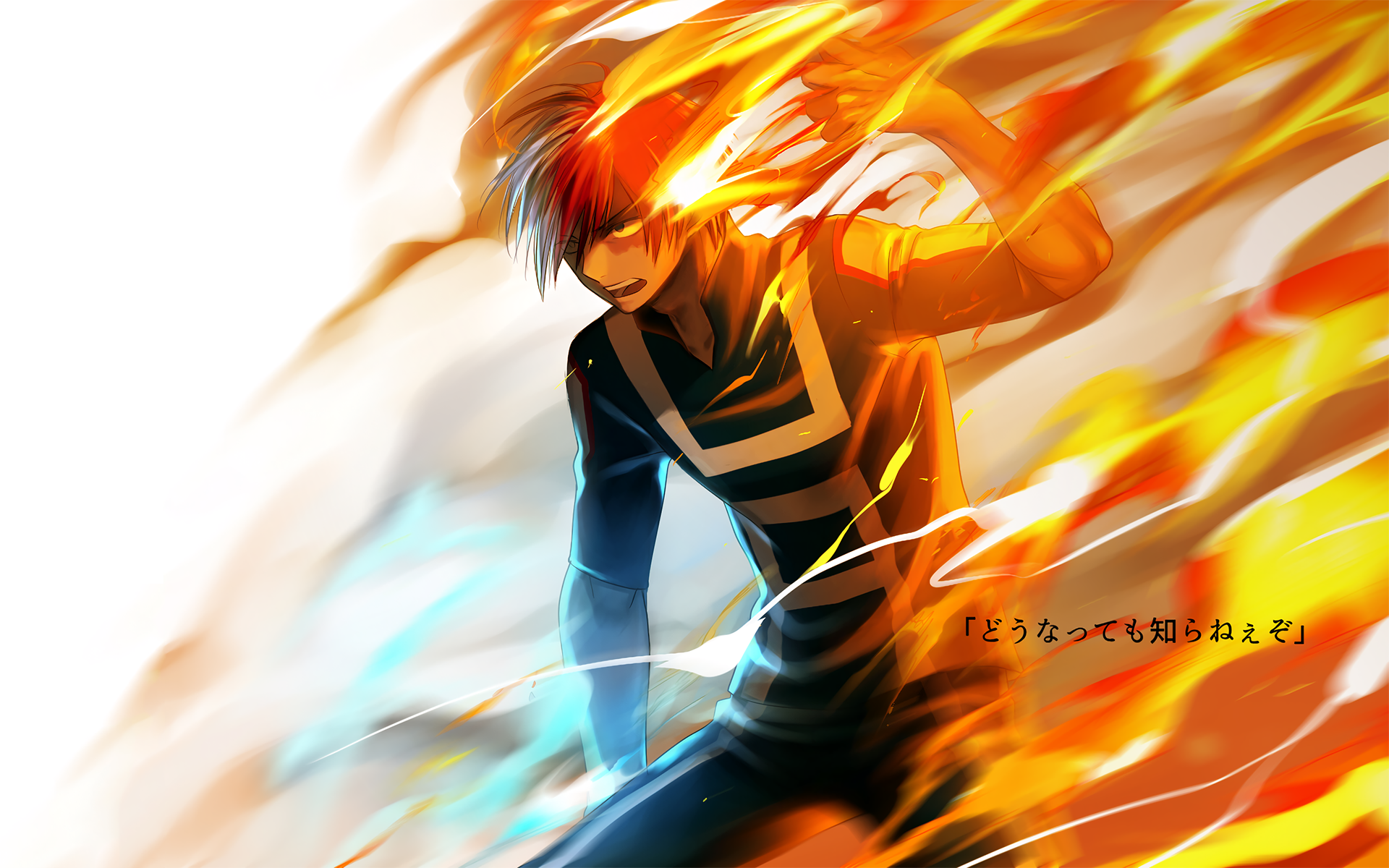 Anime wallpaper featuring Shoto Todoroki from My Hero Academia with two-toned hair (white and red) in a heroic pose, surrounded by flames. He wears his iconic uniform in this vibrant HD background.