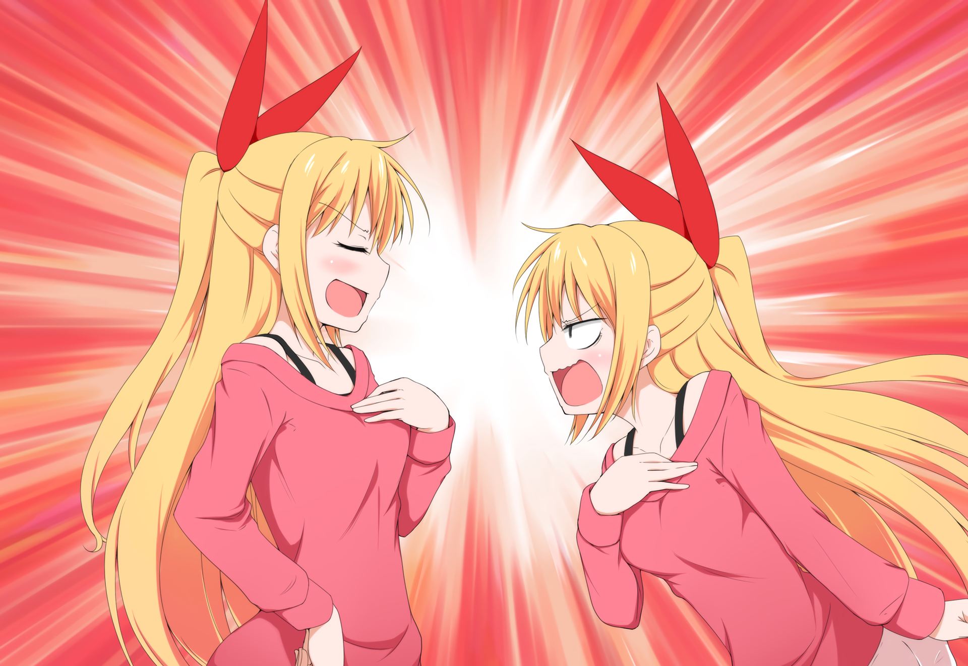 HD anime desktop wallpaper featuring Chitoge Kirisaki from Nisekoi with dynamic expressions and vibrant red background bursts.