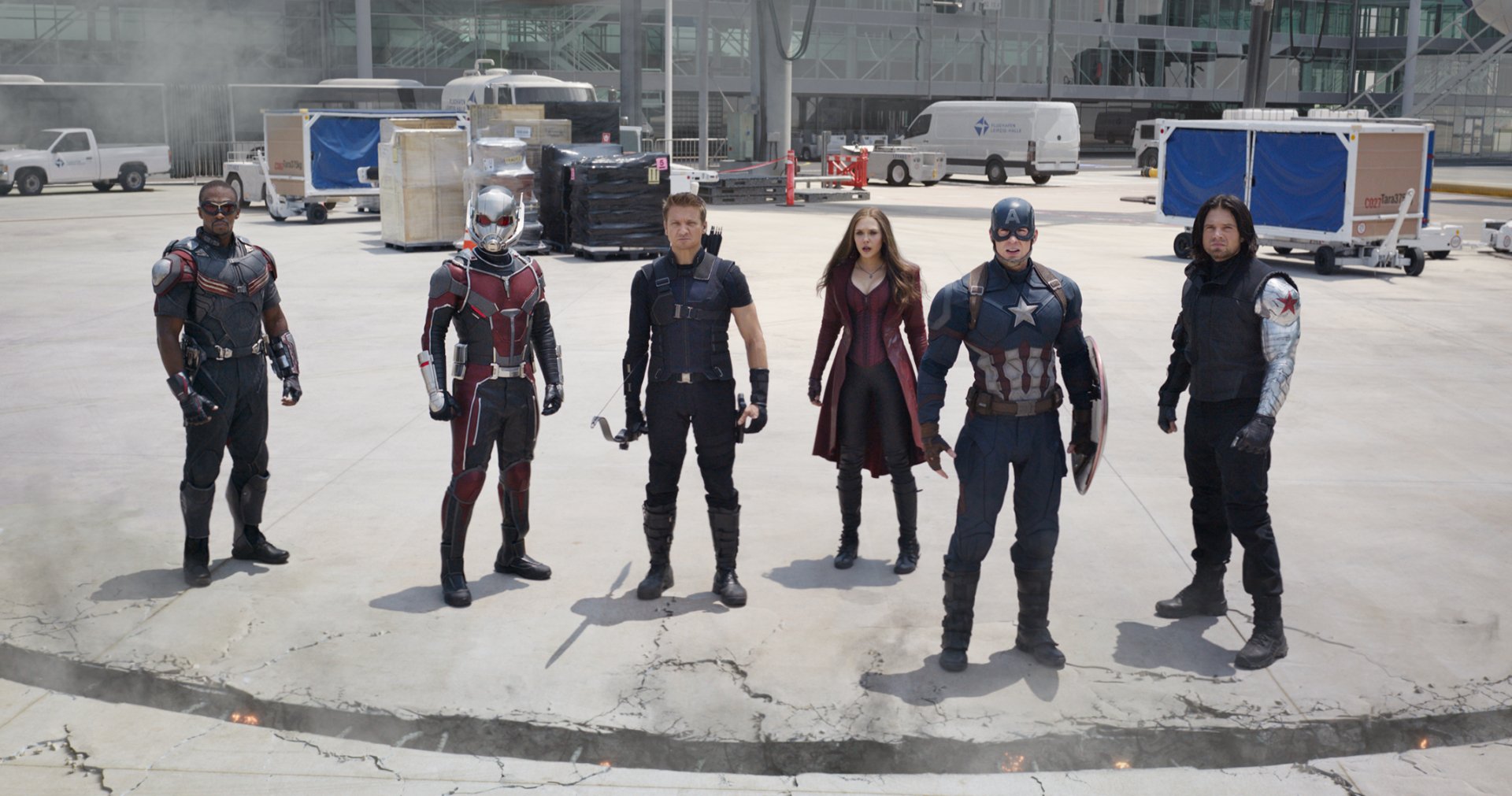 High-definition wallpaper featuring Winter Soldier, Captain America, Scarlet Witch, Hawkeye, Ant-Man, and Falcon from the movie Captain America: Civil War. Action-packed ensemble shot.