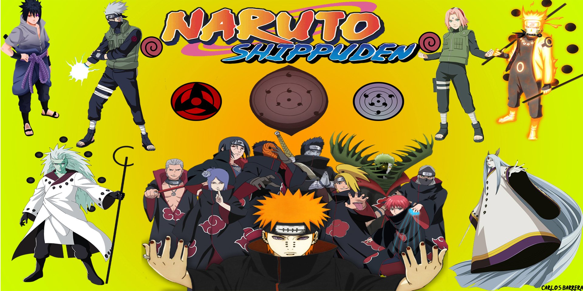 HD wallpaper featuring characters from Naruto Shippuden, including Sakura Haruno and Pain, set against a vibrant background with iconic symbols from the anime series.