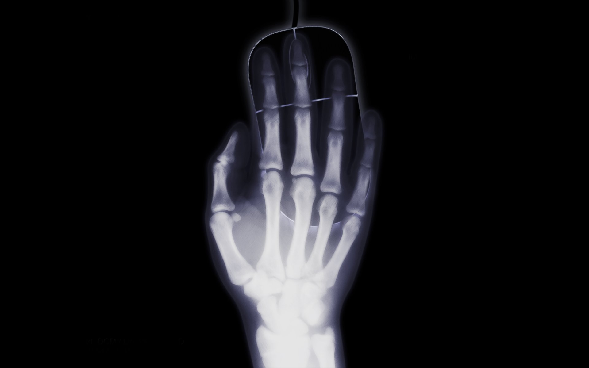 A minimalist X-ray image of a hand grasping a black computer mouse, combining elements of humor and photography in stunning 8K Ultra HD.