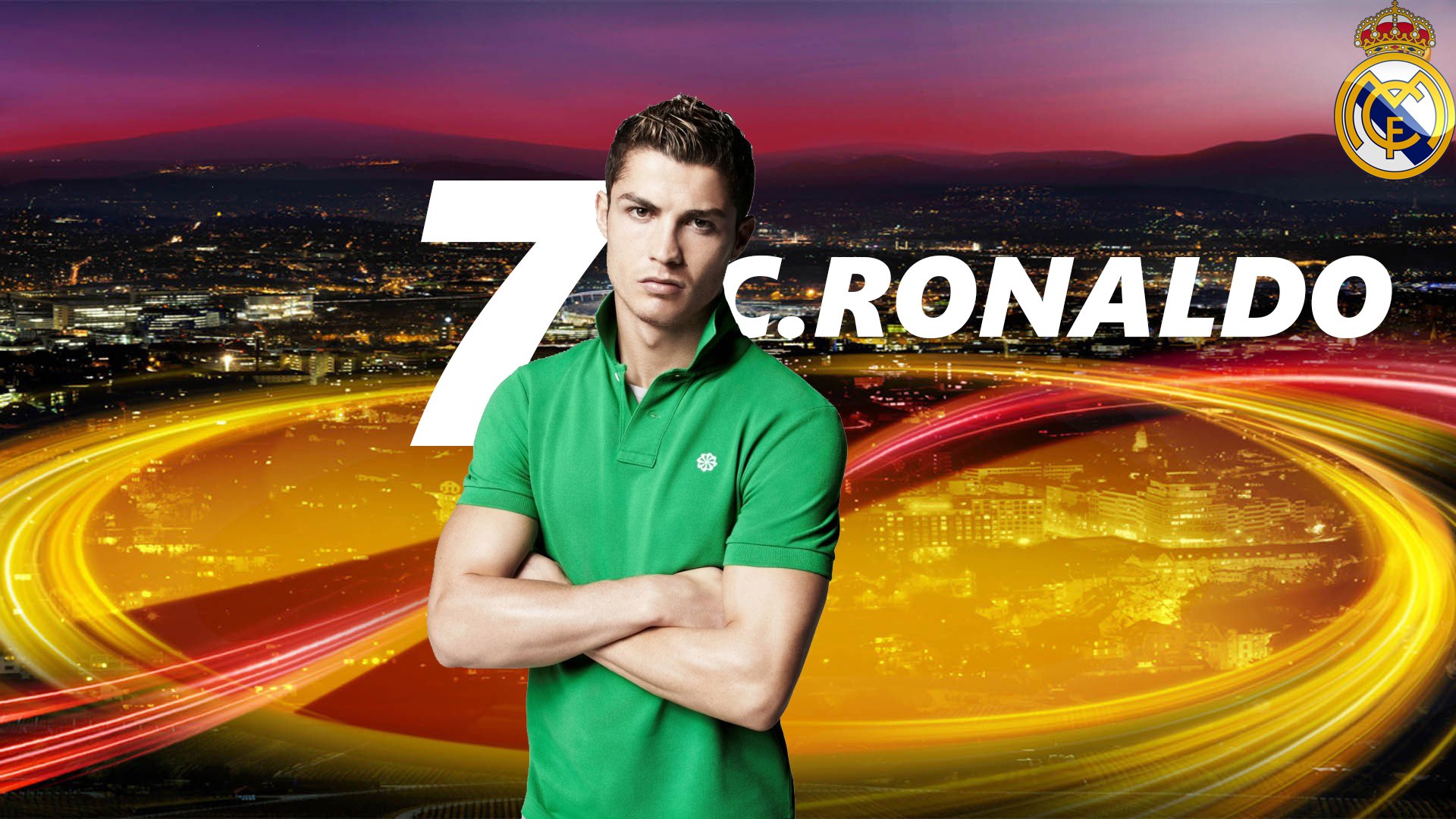 A HD desktop wallpaper featuring Cristiano Ronaldo in a green shirt, crossed arms, against a vibrant urban nightscape backdrop. His name and number 7 are prominently displayed.