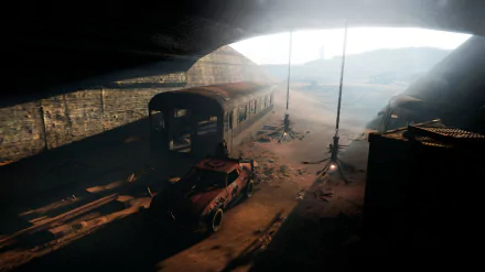 HD PC desktop wallpaper from the video game Mad Max, showcasing a desert scene with a rusty vehicle under a large overpass.