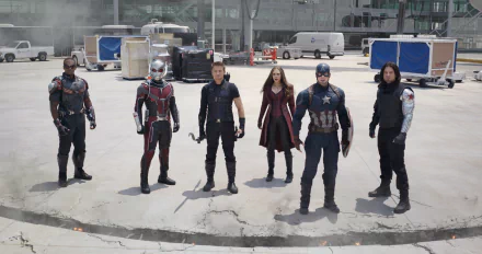 High-definition wallpaper featuring Winter Soldier, Captain America, Scarlet Witch, Hawkeye, Ant-Man, and Falcon from the movie Captain America: Civil War. Action-packed ensemble shot.