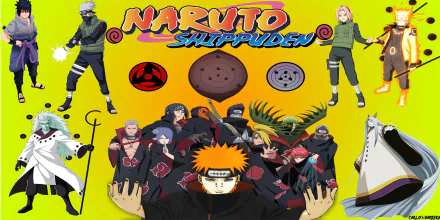 HD wallpaper featuring characters from Naruto Shippuden, including Sakura Haruno and Pain, set against a vibrant background with iconic symbols from the anime series.