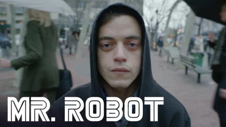 HD PC desktop wallpaper featuring a close-up of the main character from the TV show Mr. Robot, wearing a hooded jacket in an urban outdoor setting.