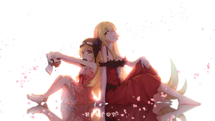Two barefoot anime characters, Kiss-shot Acerola-orion Heart-under-blade and Shinobu Oshino from Monogatari Series, in pink and red dresses with long blonde hair, sitting together with a dreamy background.