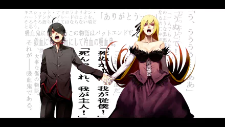 An HD wallpaper featuring Shinobu Oshino and Kiss-shot Acerola-orion Heart-under-blade from the Monogatari series, alongside Koyomi Araragi, showcasing their striking designs and dramatic expressions.