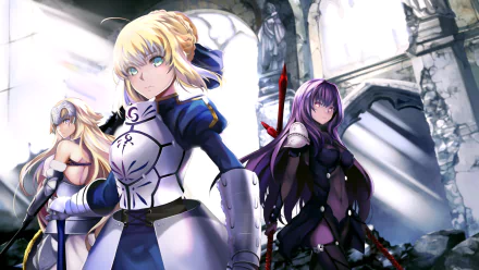 Anime HD wallpaper featuring Scathach, Ruler from Fate/Apocrypha, and Saber from Fate/Stay Night, set against a dramatic, ruined backdrop.
