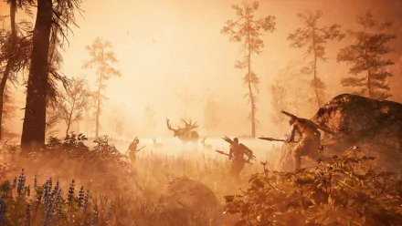 Far Cry Primal video game HD PC desktop wallpaper and background: spear-wielding hunters stalking a giant elk in a misty orange prehistoric forest.