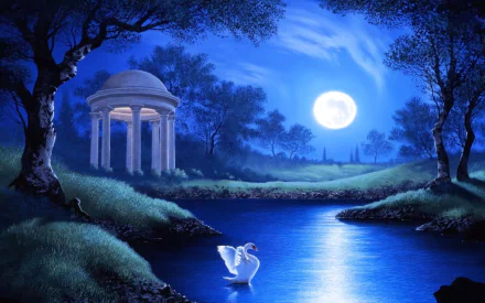 A serene night scene featuring a glowing blue moon above a tranquil lake, a graceful swan gliding by, and a charming gazebo surrounded by lush trees, creating a dreamy garden atmosphere.