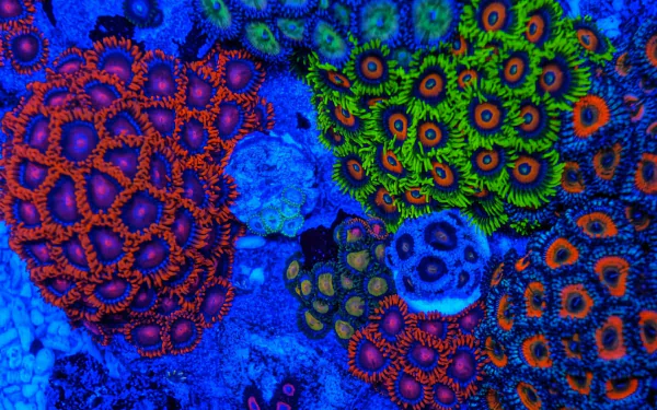 Vibrant close-up of a colorful coral reef showcasing diverse coral animals in bright blues, greens, and oranges, captured as an HD PC desktop wallpaper background.