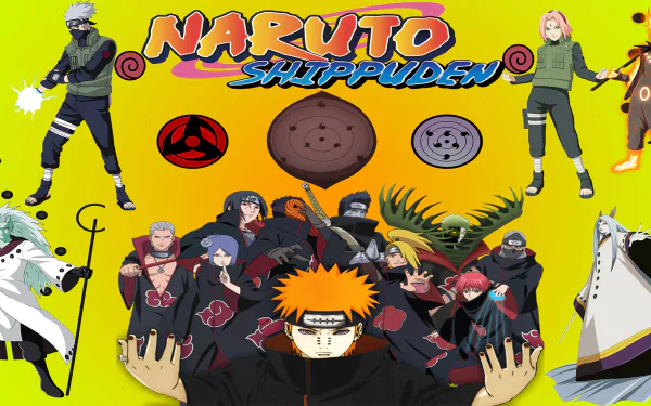 HD wallpaper featuring characters from Naruto Shippuden, including Sakura Haruno and Pain, set against a vibrant background with iconic symbols from the anime series.
