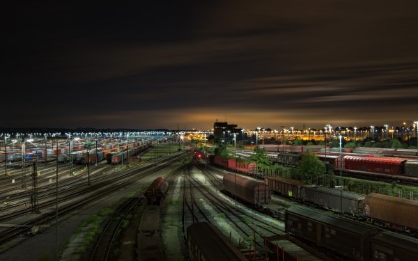 Vehicles Freight Train Freight Wagon Train Station Railyard Railroad Night Light Train HD Wallpaper | Background Image
