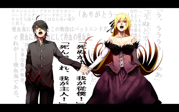 An HD wallpaper featuring Shinobu Oshino and Kiss-shot Acerola-orion Heart-under-blade from the Monogatari series, alongside Koyomi Araragi, showcasing their striking designs and dramatic expressions.