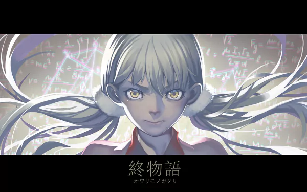 Sodachi Oikura from Owarimonogatari (Monogatari series anime) stares forward with silvery hair and glowing eyes, math formulas float behind her — HD PC desktop wallpaper.