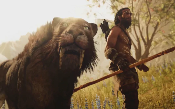 A saber-toothed tiger and a warrior walk side by side in a vibrant landscape from the video game Far Cry Primal, showcasing a striking HD PC desktop wallpaper.