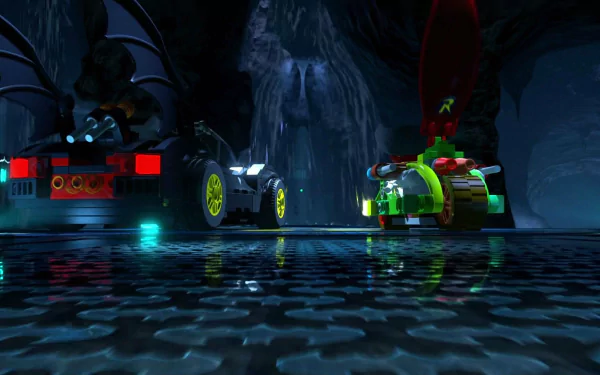 High-definition wallpaper from The Lego Batman Movie featuring Lego Batman’s iconic vehicles in a dark, cave-like setting, reflecting the dynamic superhero action.