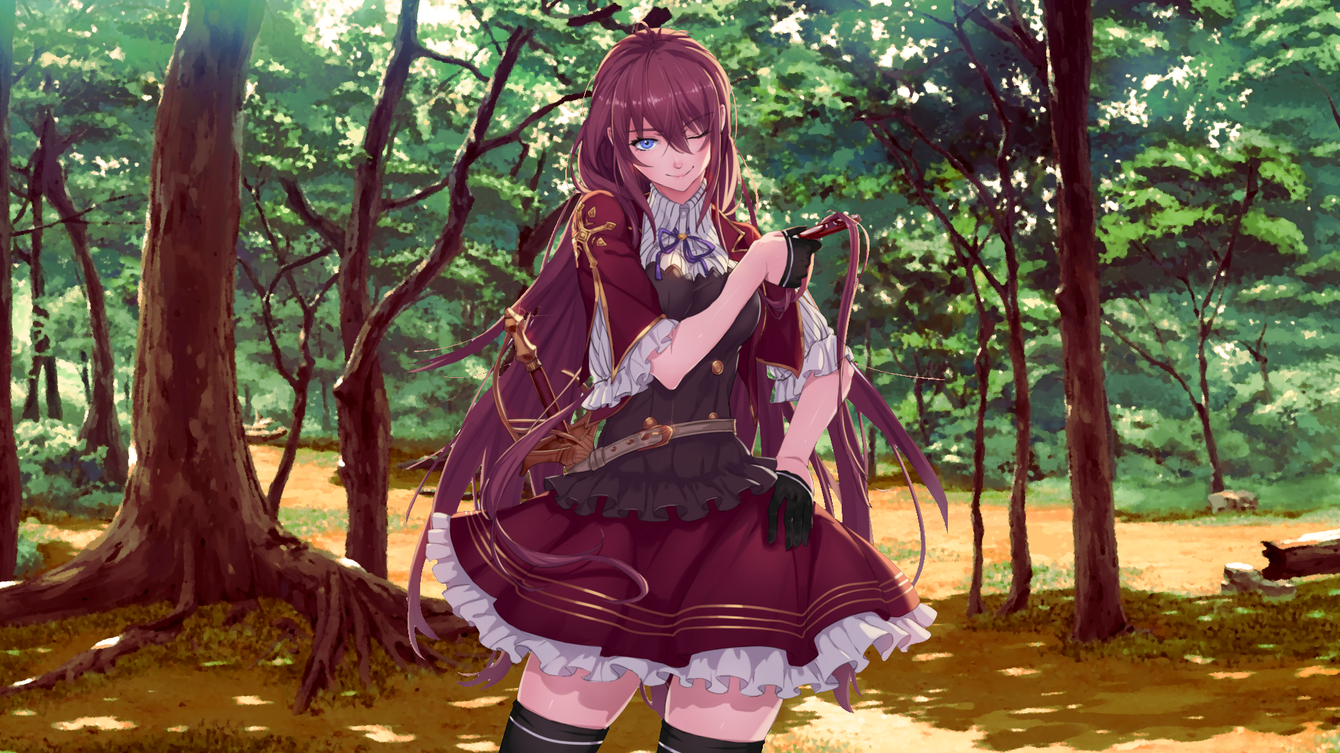 Anime-style Pixiv Fantasia Fallen Kings HD PC desktop wallpaper: a young heroine in an ornate maroon dress stands in a sunlit forest, sword at her side, vivid greens and detailed shading.