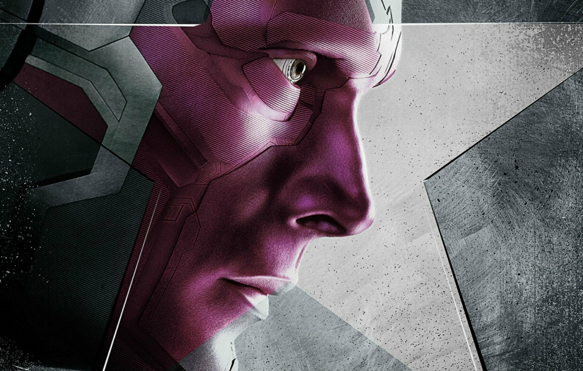 HD wallpaper featuring Vision, portrayed by Paul Bettany in Captain America: Civil War, showcasing his iconic superhero profile against a sleek, textured background.