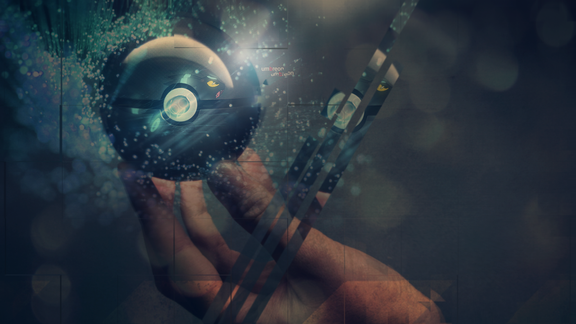 HD wallpaper featuring a shiny Umbreon Pokémon within a Pokeball, set against a celestial backdrop with sparkling effects.