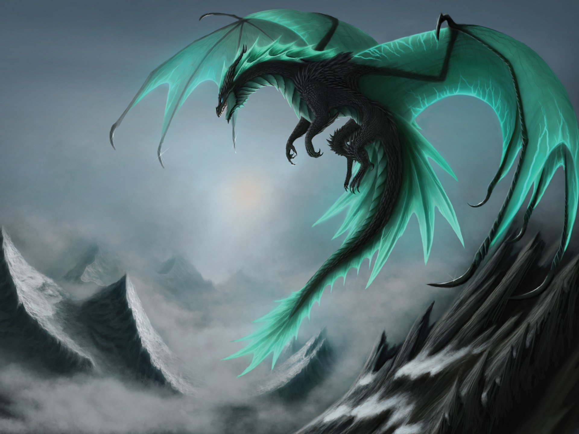 A majestic dragon with glowing teal wings soars above rugged, misty mountains in this HD fantasy wallpaper, capturing an epic scene of mythical grandeur.