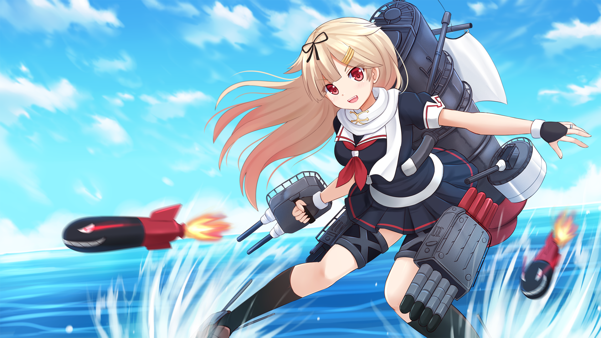 Yuudachi (Kancolle) from Kantai Collection — anime HD PC desktop wallpaper: ship-girl with torpedoes and naval gear leaping above a blue ocean beneath a bright sky.