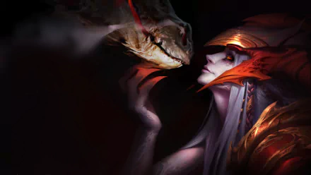 A stunning HD wallpaper featuring Shyvana from League of Legends, showcasing her fierce dragon form as she interacts with a dragon, set against a dark, dramatic background.