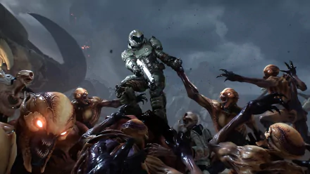 Doomguy stands heroically atop a pile of defeated demons in this HD desktop wallpaper from Doom (2016), capturing the intense action and dark atmosphere of the game.